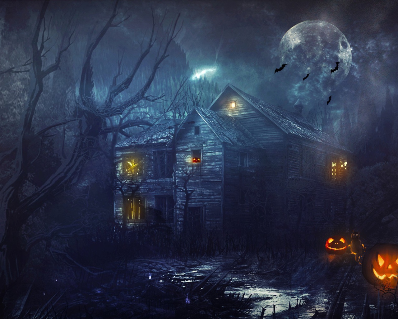 Деревянный дом в чаще леса во время Хеллоуина