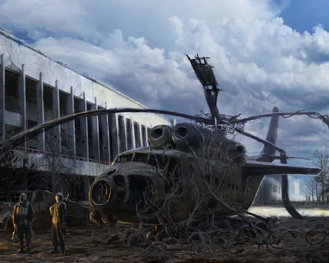 Разбитый вертолет зарос, постапокалипсис