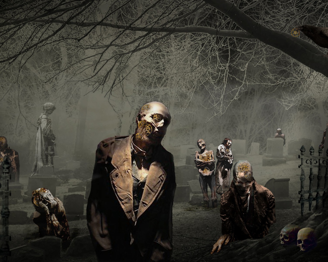 Зомби среди памятников на кладбище