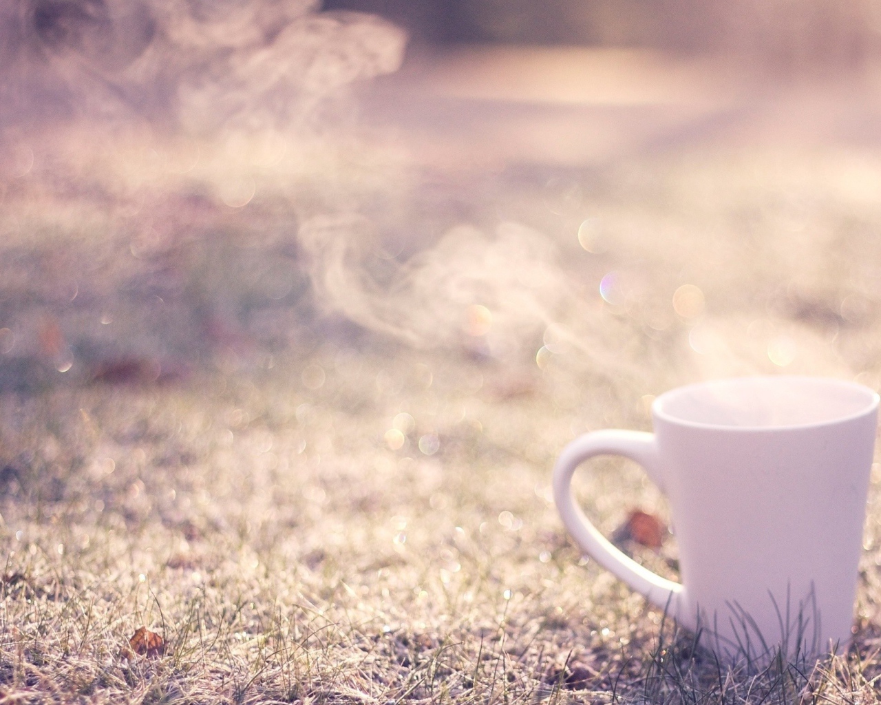 Дымящаяся чашка на траве