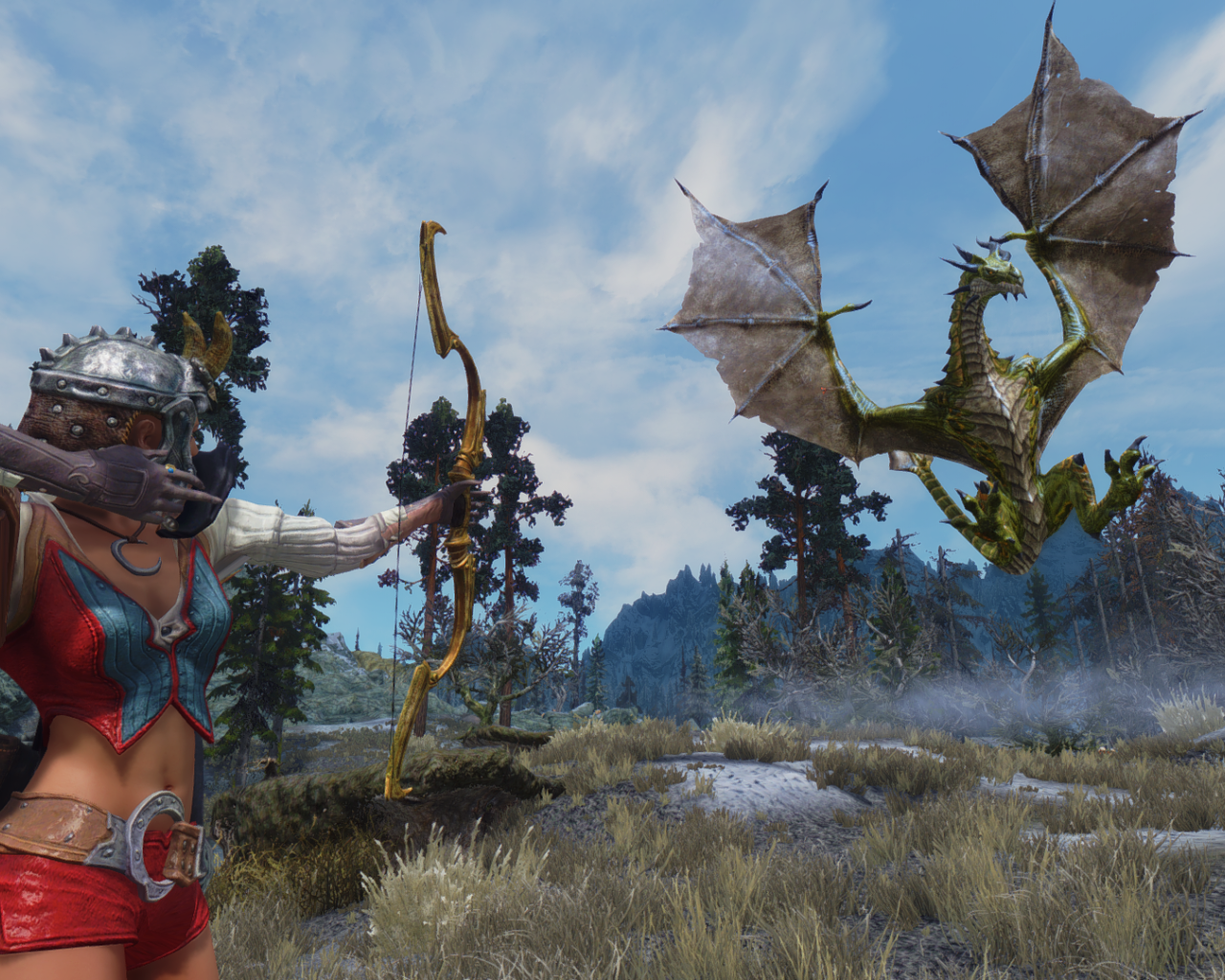 Лучница поражает дракона в игре The Elder Scrolls V Skyrim