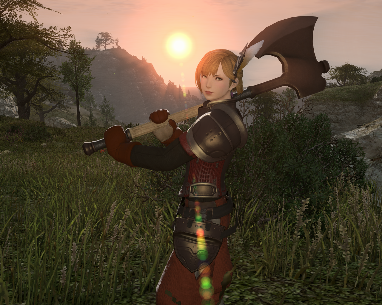 Топор на плече девушки из игры Final Fantasy XIV