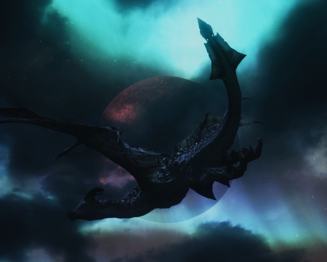 Черный дракон на фоне планеты в игре The Elder Scrolls V Skyrim