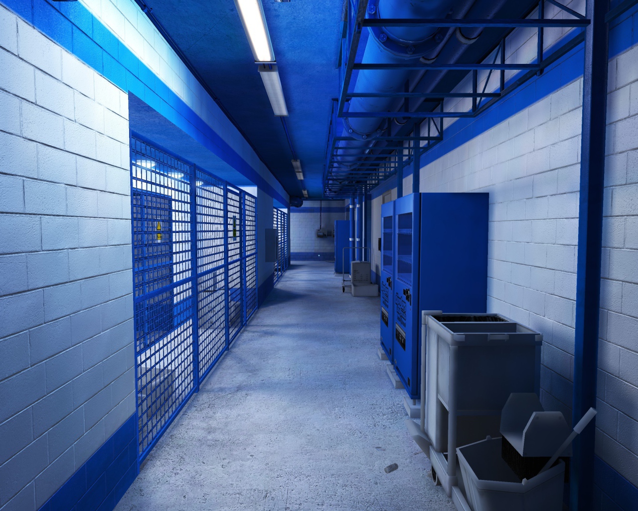 Голубой интерьер подвала, игра Mirror's Edge