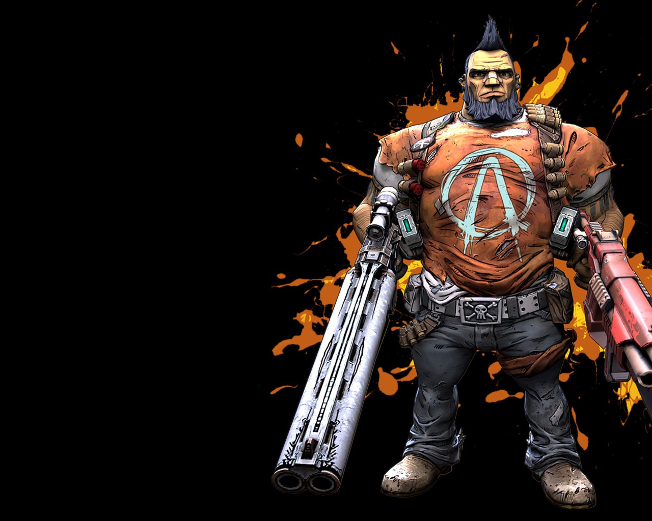 Персонаж игры Borderlands 2 с оружием на черном фоне