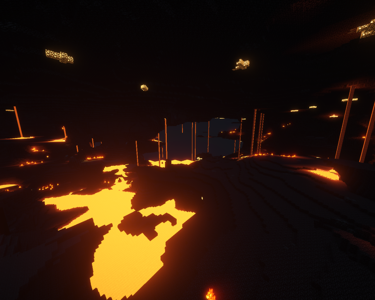 Огонь в пещере в игре Minecraft