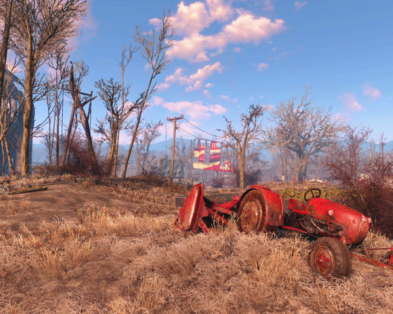 Разбитый трактор в поле, игра Fallout 4