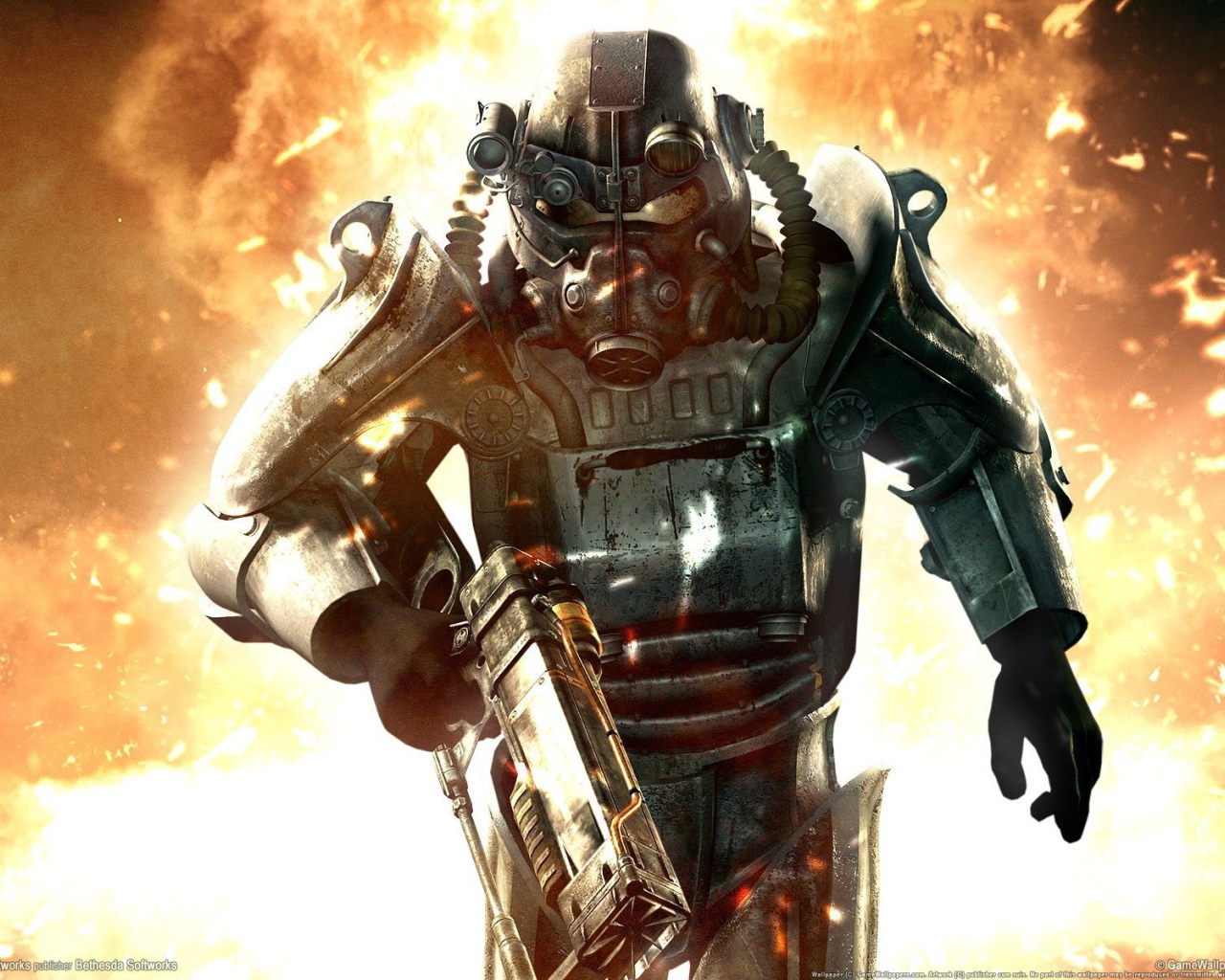 Герой на фоне взрыва в игре Fallout New Vegas