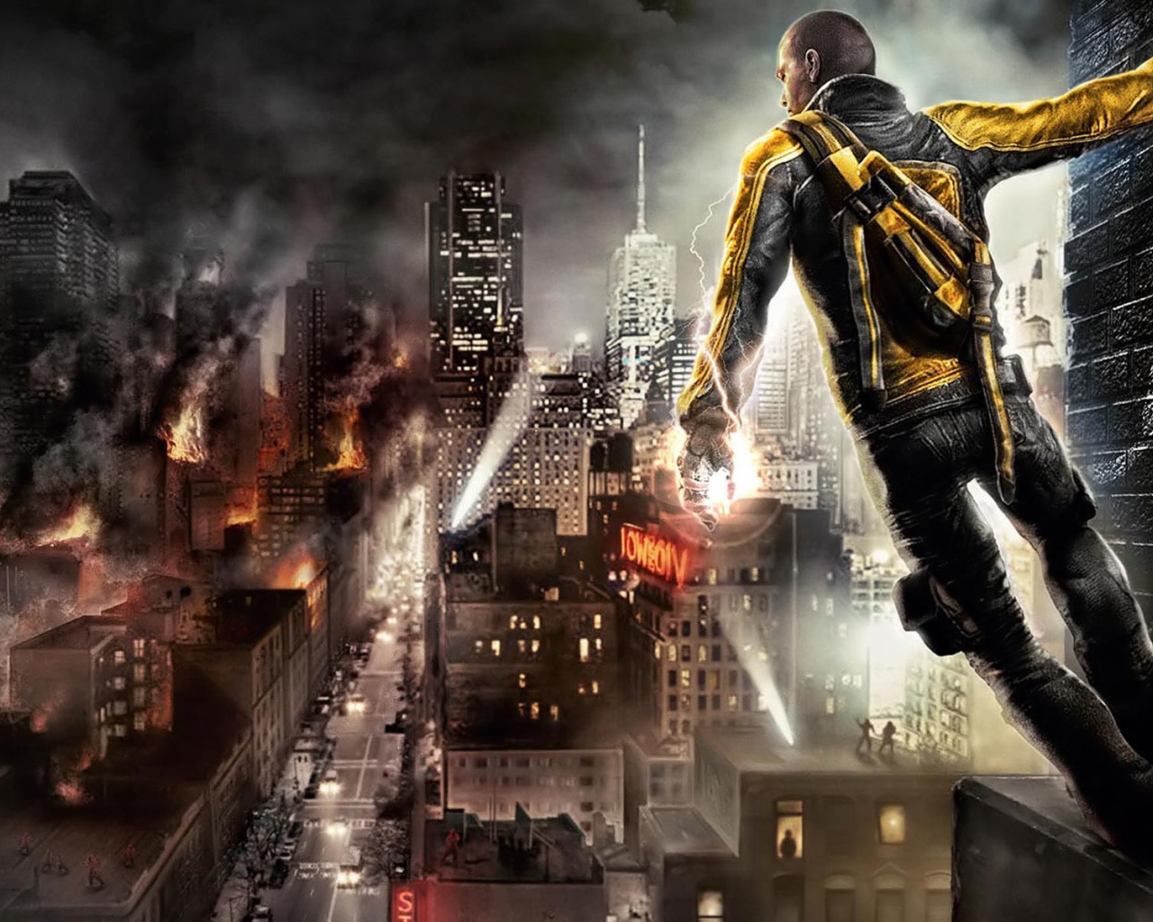 Герой видеоигры смотрит на пылающий город