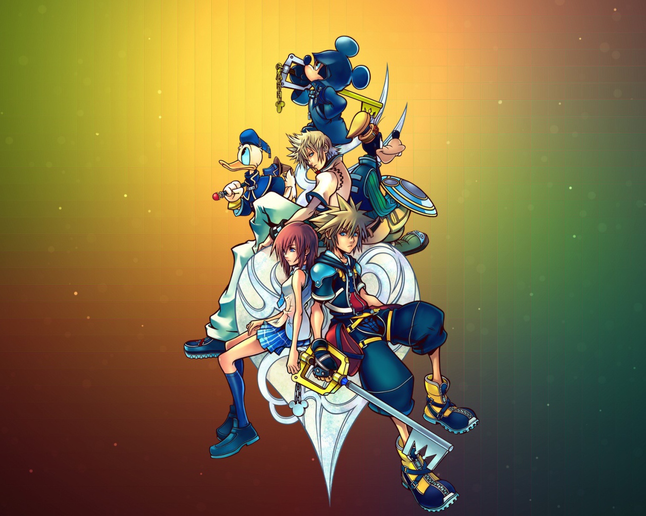 Герои игры Kingdom Hearts на радужном фоне