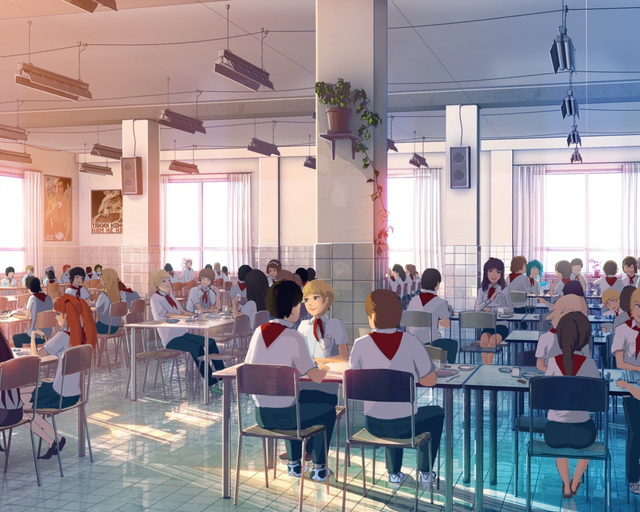 Пионеры в столовой в игре Бесконечное лето