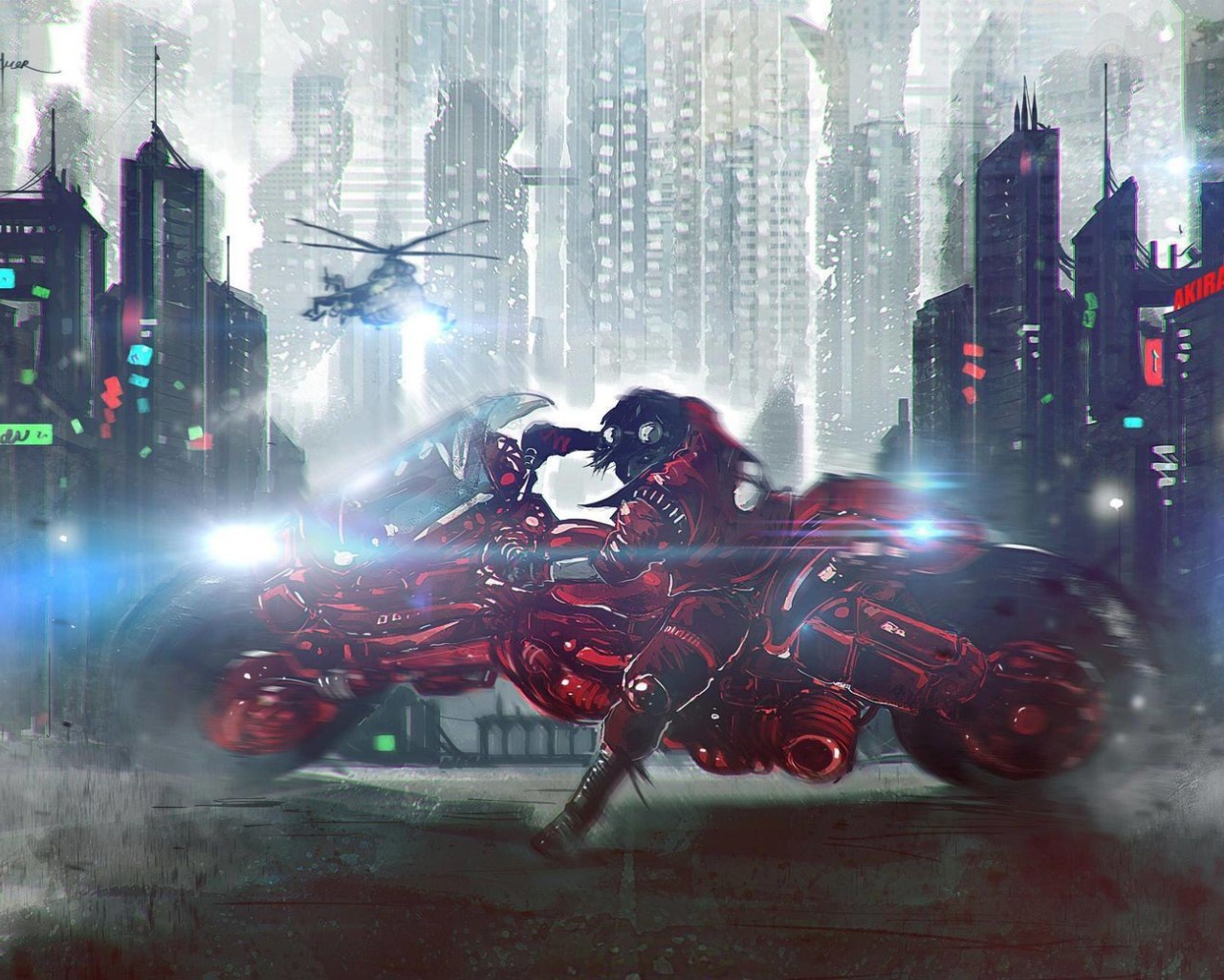 Гонщик Акира уходит от погони на вертолетах