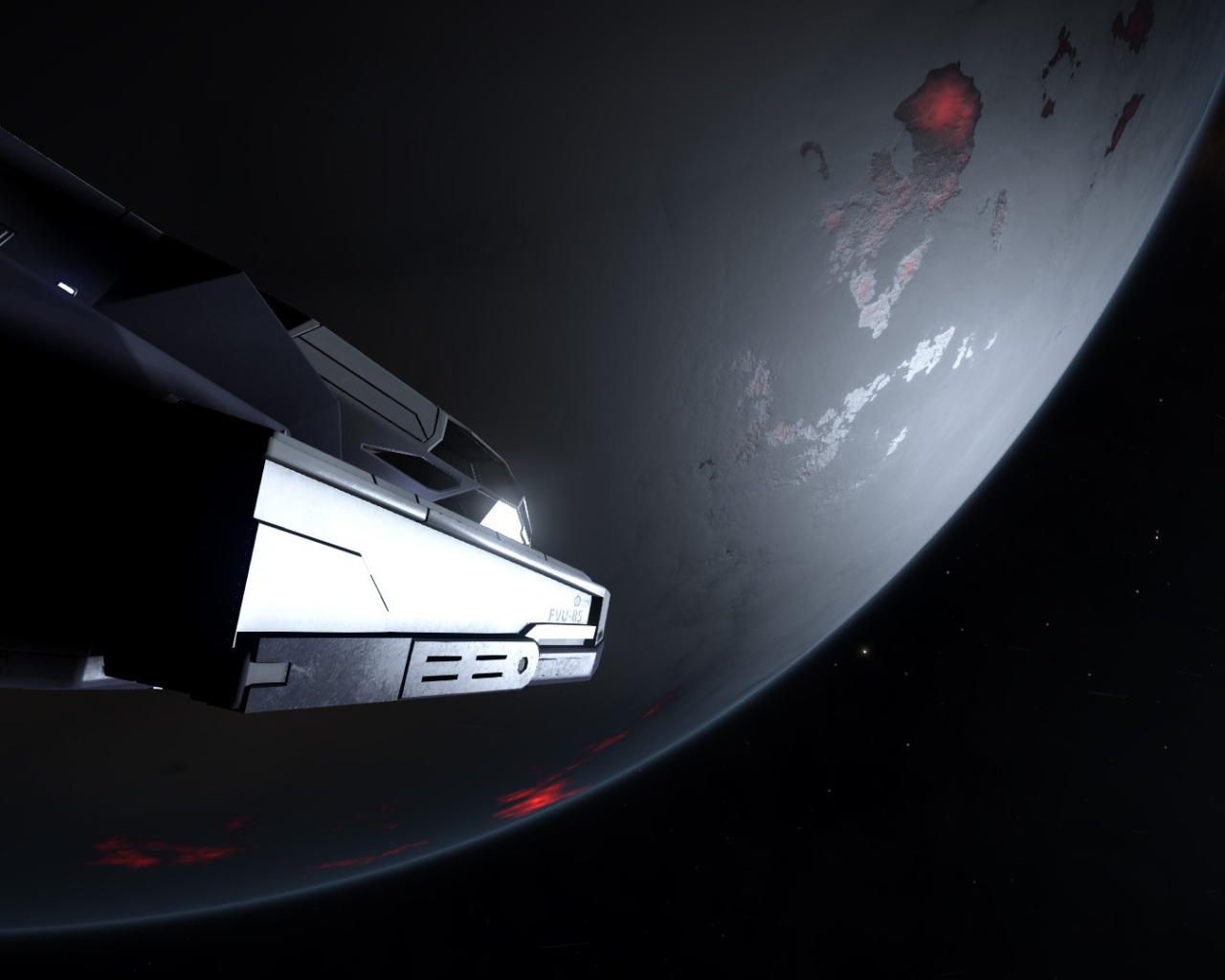 Корабль у серой планеты в игре Elite Dangerous