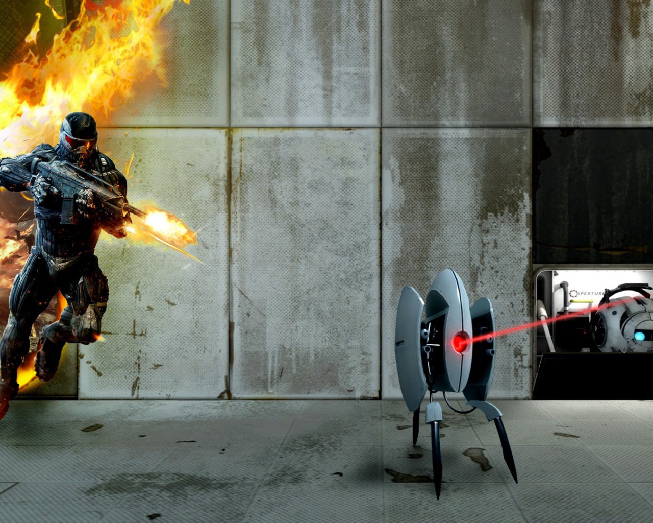 Солдат атакует лазерного робота в игре Портал 2