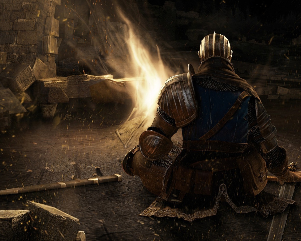 Солдат в доспехах у костра в игре Dark Souls