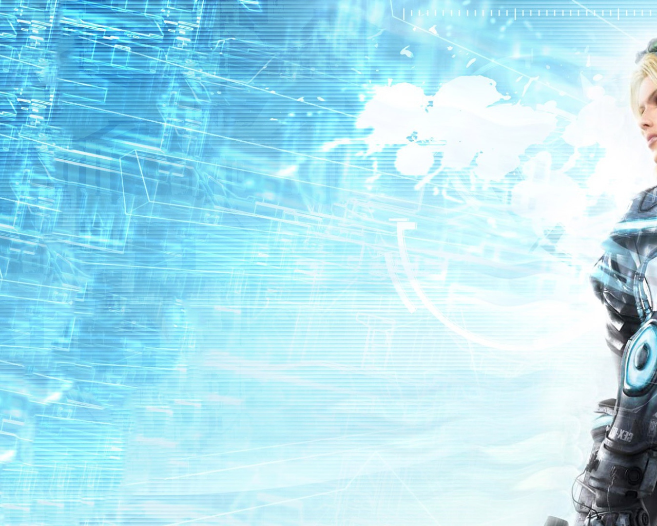 Девушка из игры Starcraft II, голубой фон