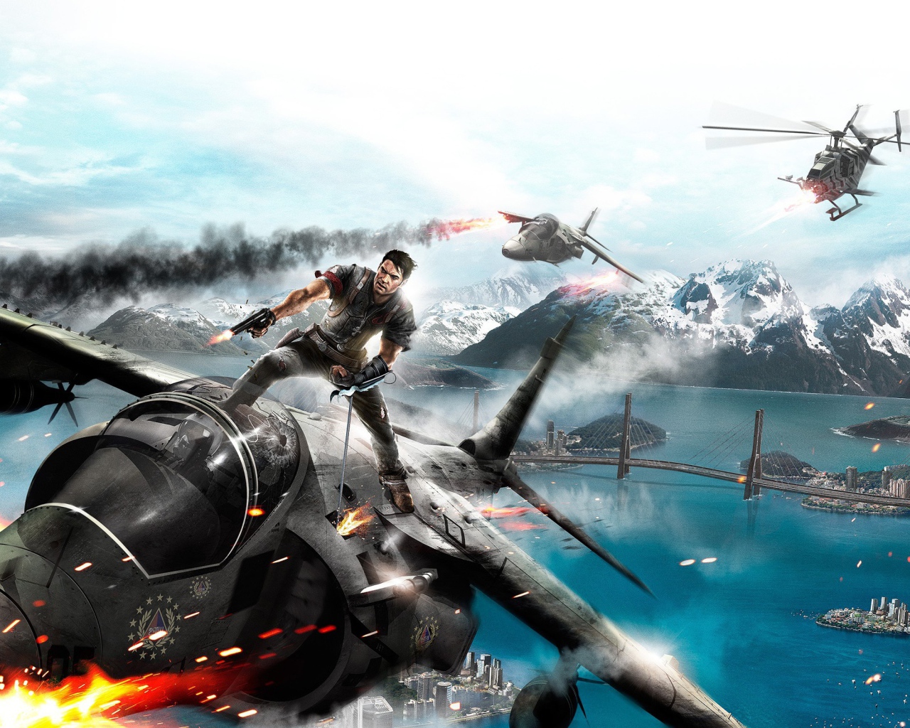 Герой игры Just Cause 2 на крыше истребителя