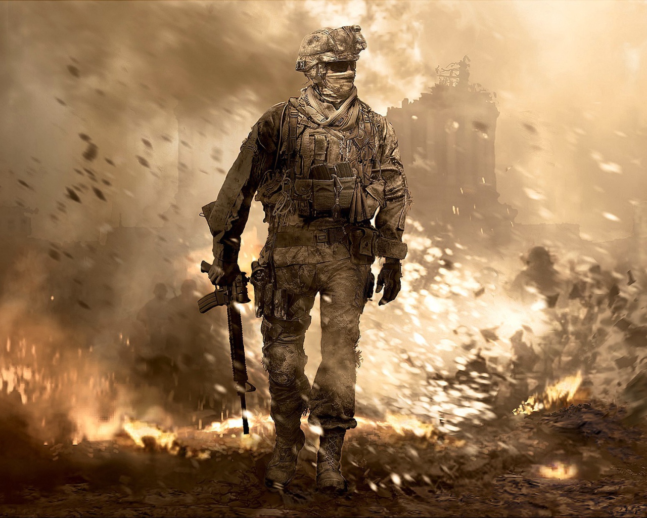 Солдат на фоне руин, игра Call of Duty Modern Warfare 2