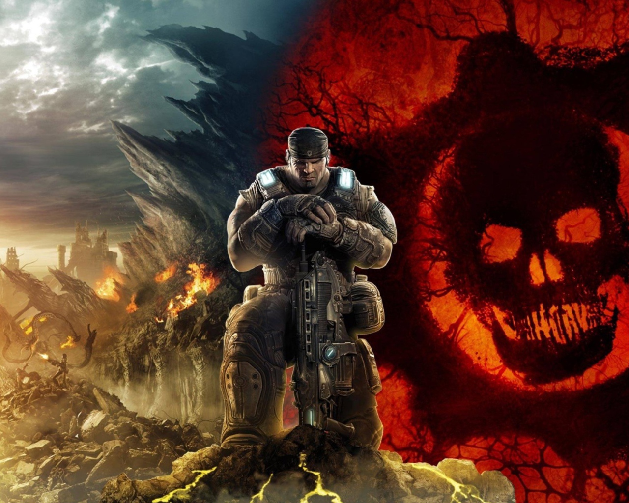 Воин на фоне флага в игре Gears of War