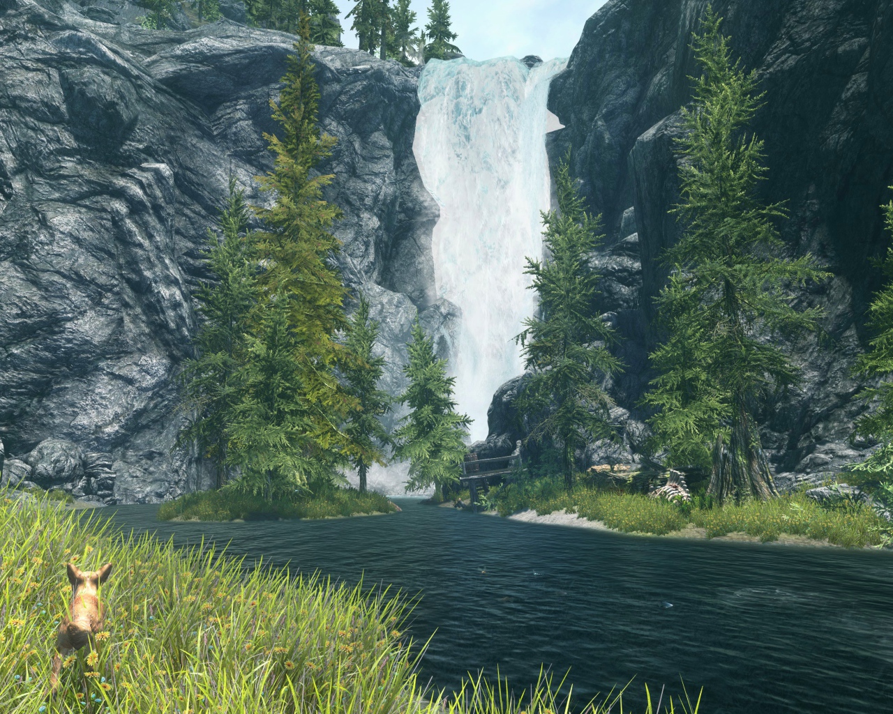 Водопад в зарослях в игре The Elder Scrolls V Skyrim