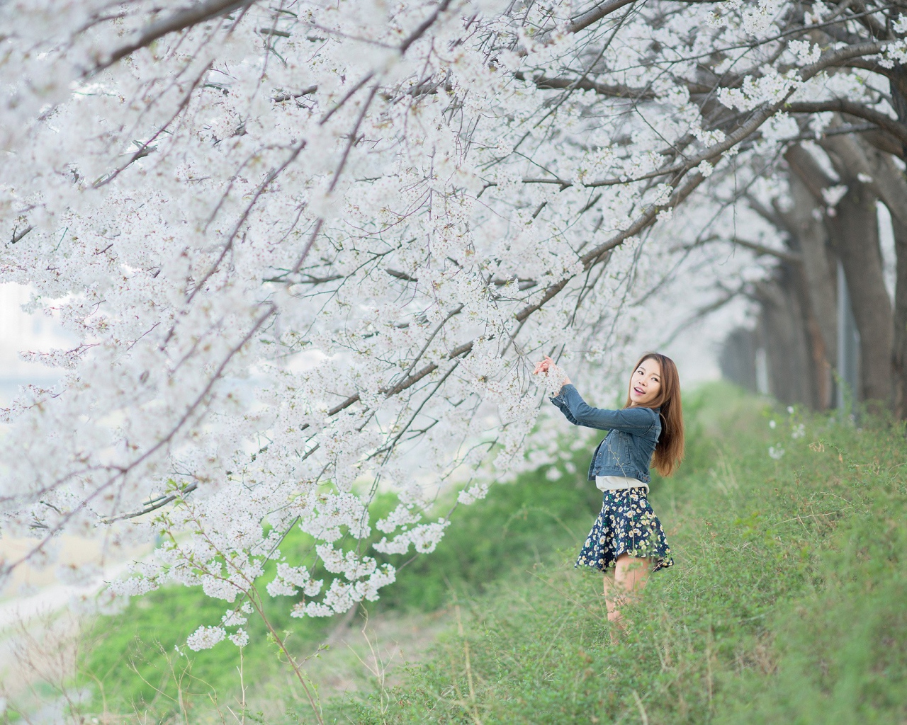 Азиатская девушка радуется весенним цветам