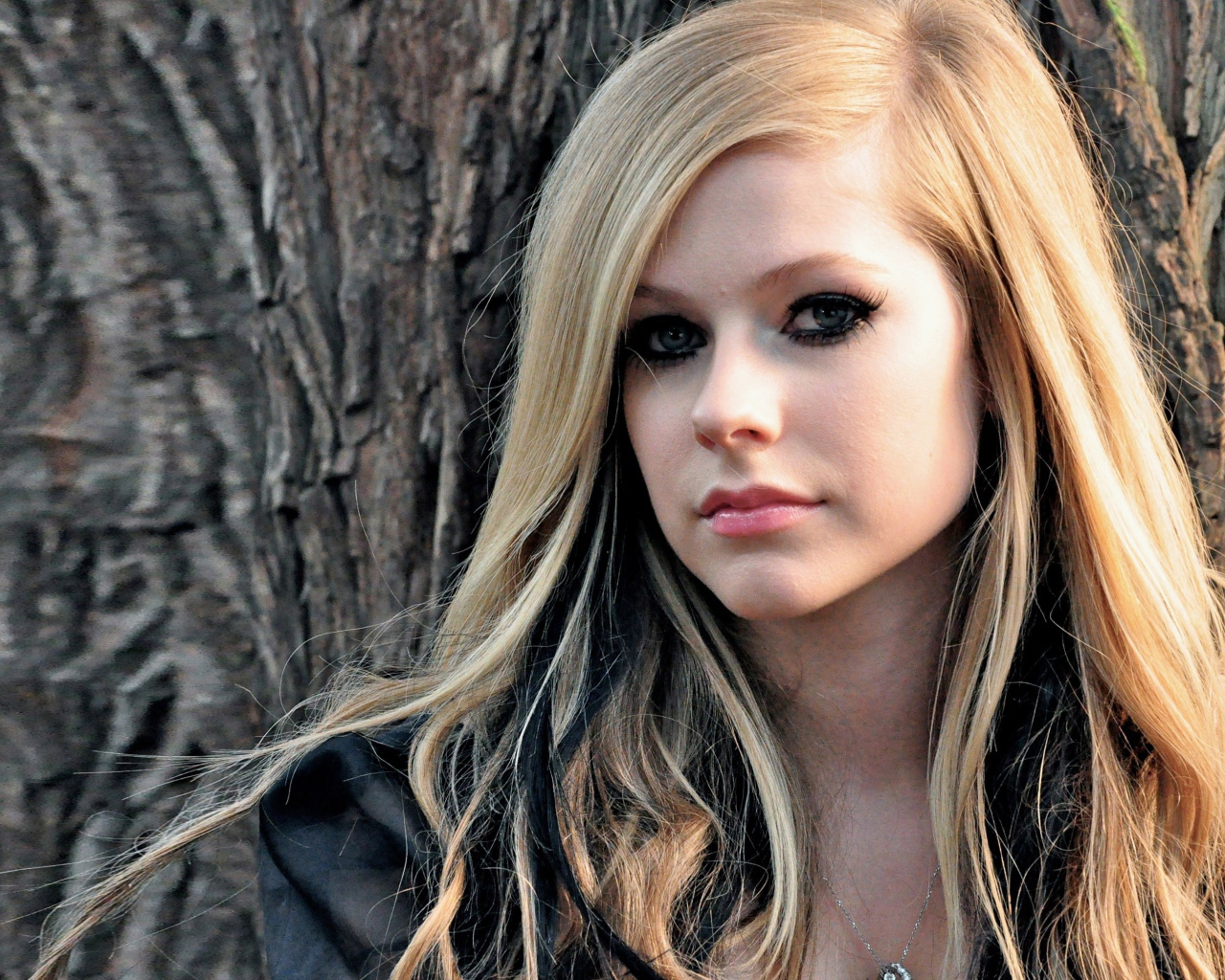 Блондинка Аврил Лавин на фоне коры дерева