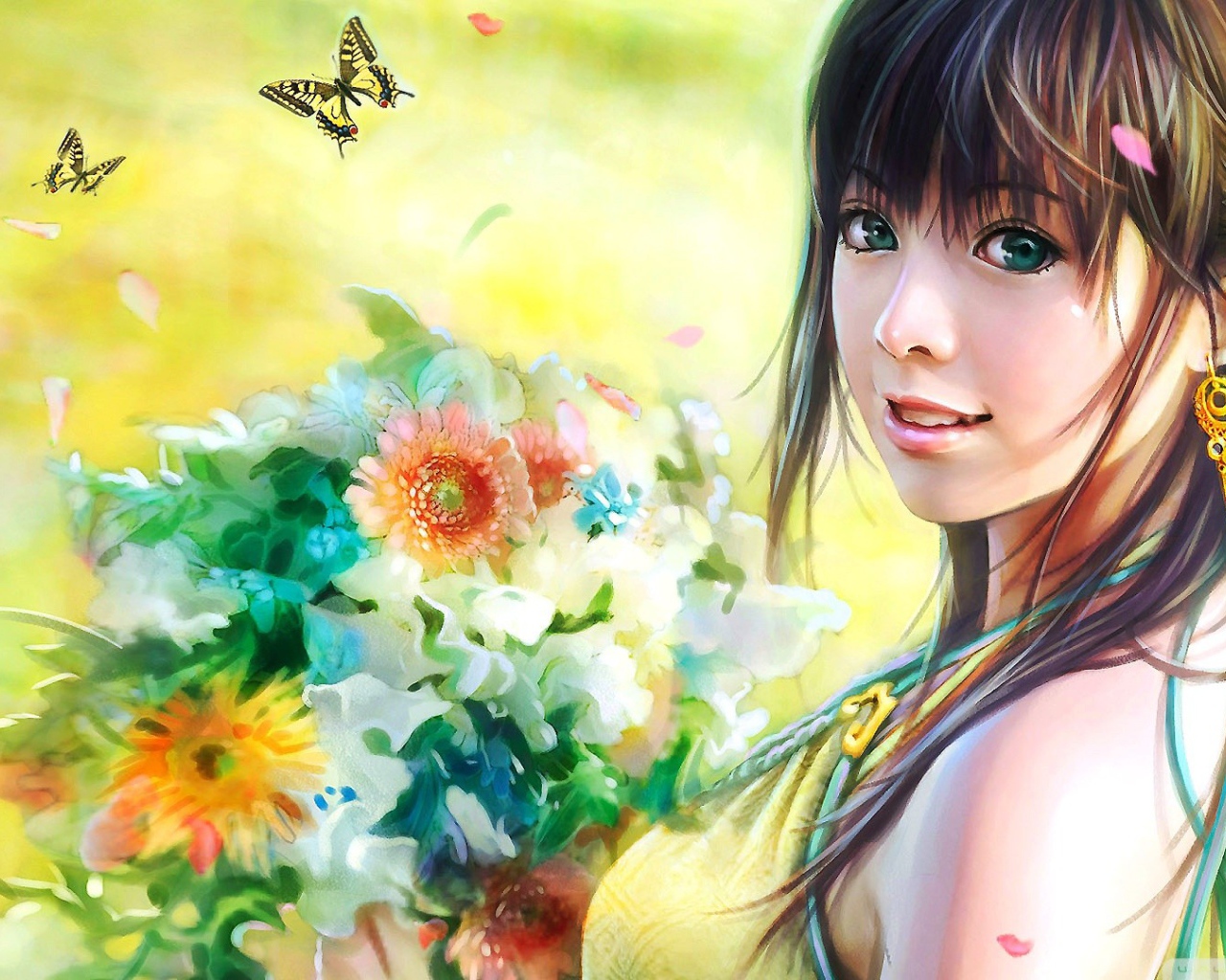 Милая японская девушка с букетом цветов