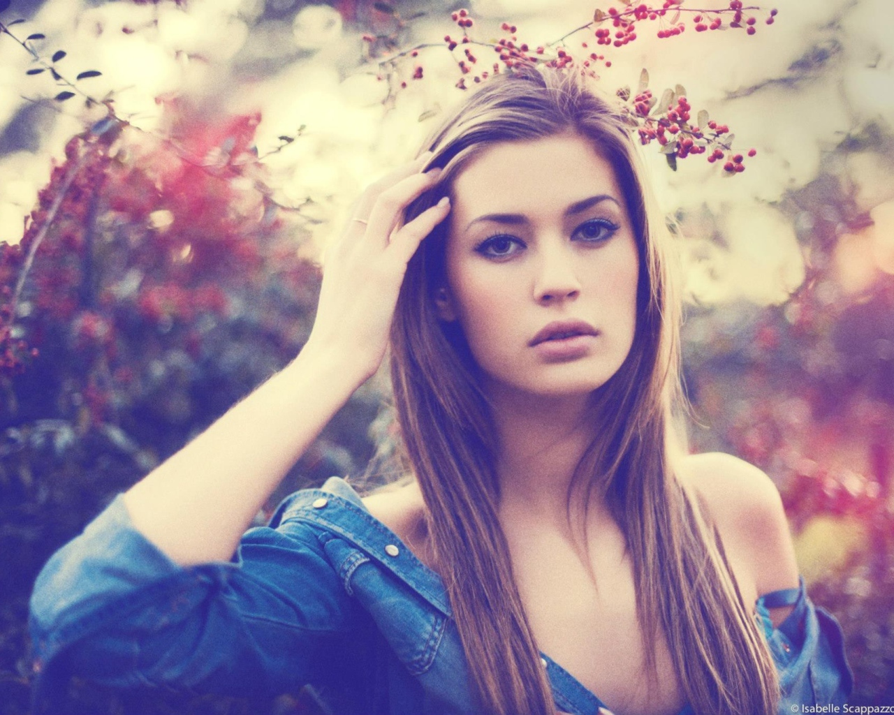 Милая брюнетка на фоне рябины