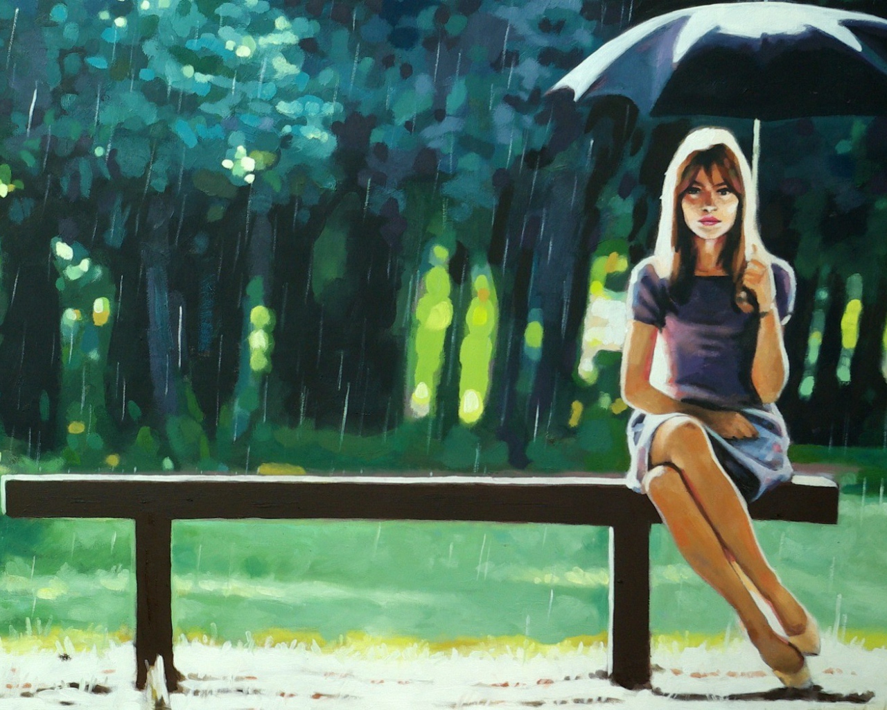Девушка на скамье под зонтом