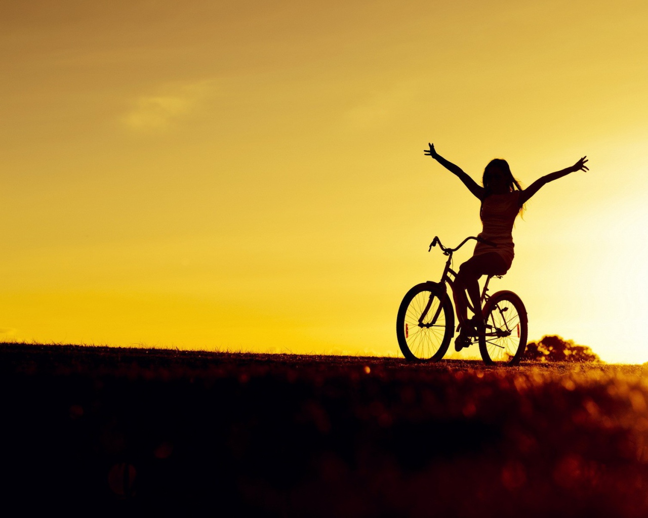 Девушка на велосипеде на фоне заката