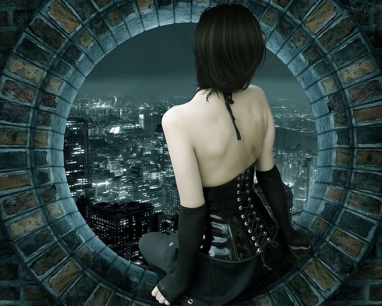 Девушка сидит на круглом окне