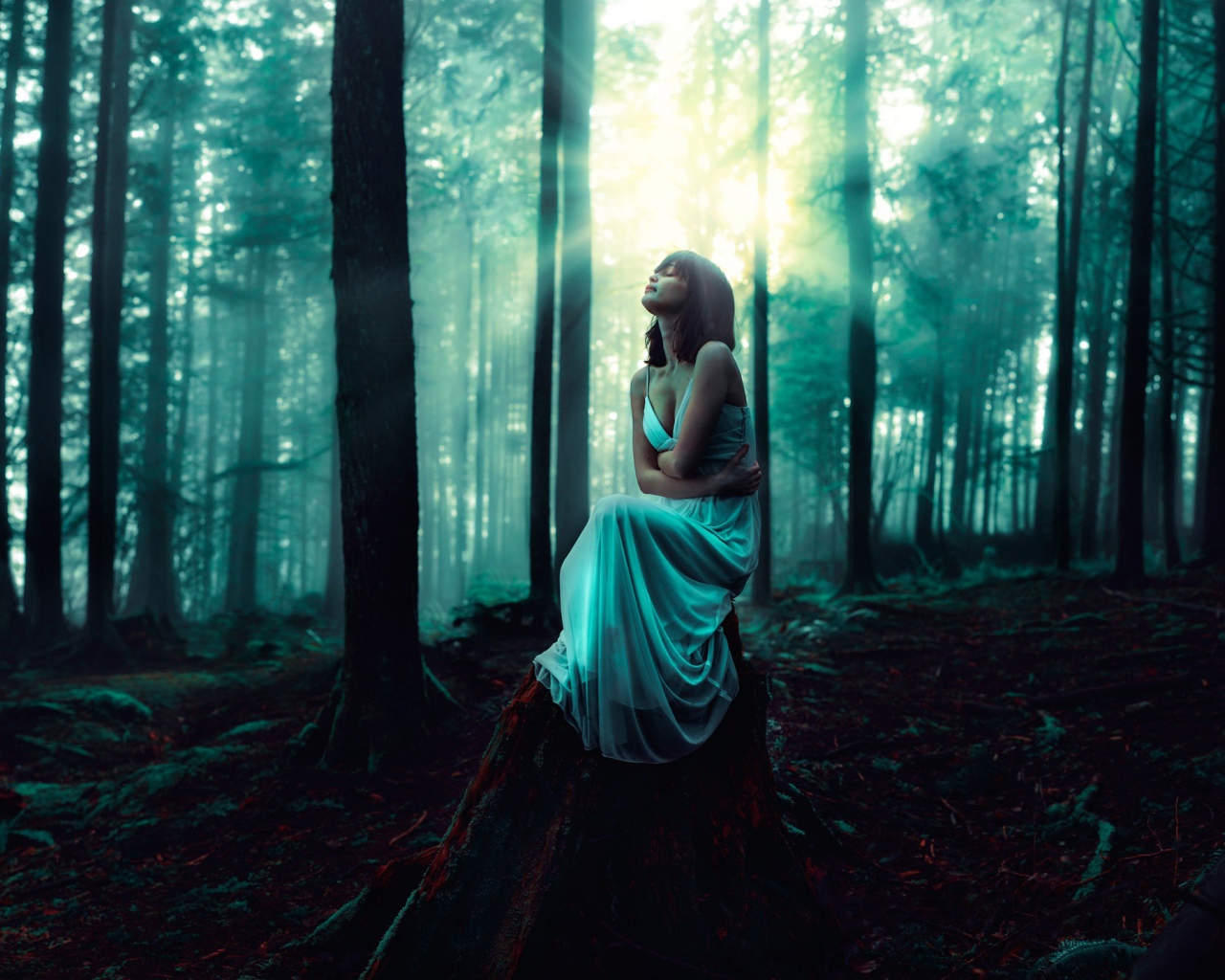 Девушка сидит на старом пеньке