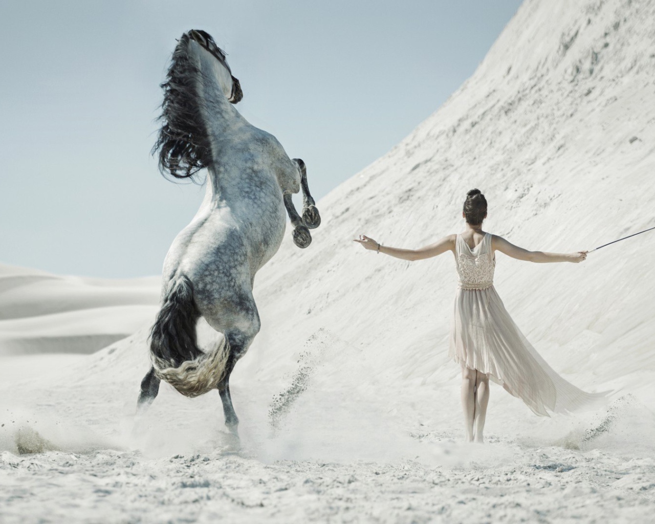 Девушка укрощает лошадь