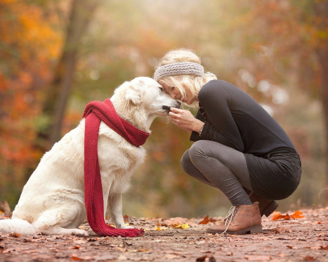 Девушка гуляет со своей большой белой собакой