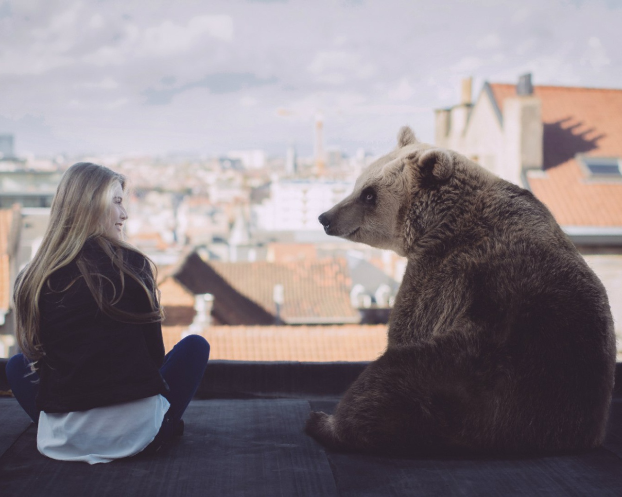 Девушка с медведем на крыше