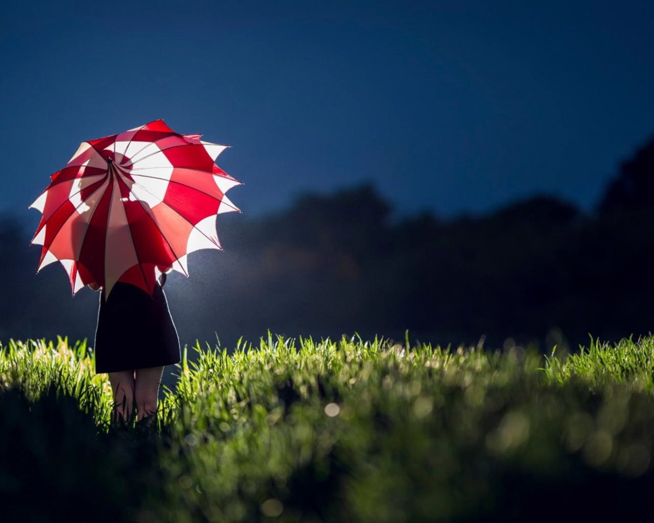 Девушка с красным зонтом в траве