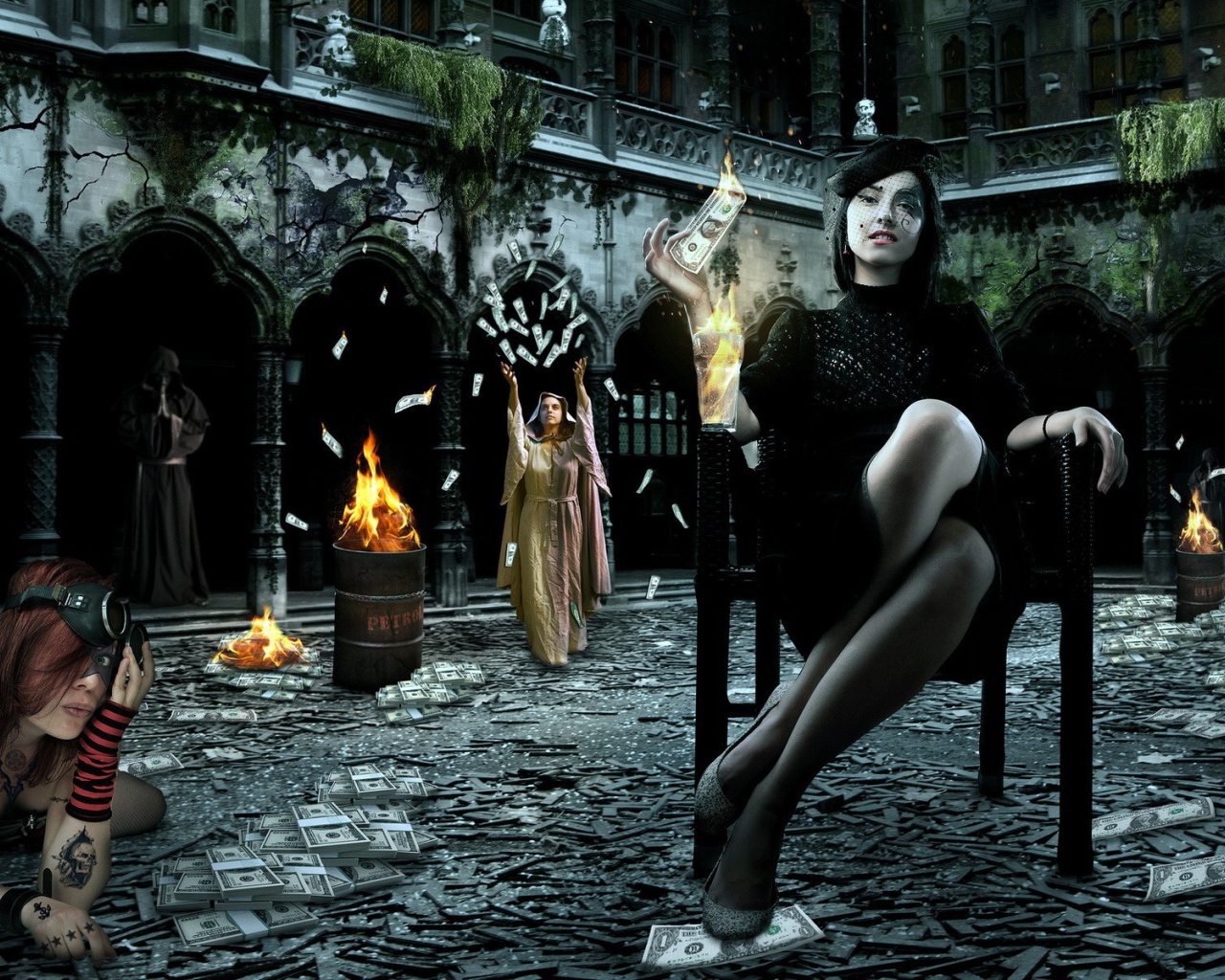 Девушки жгут доллары