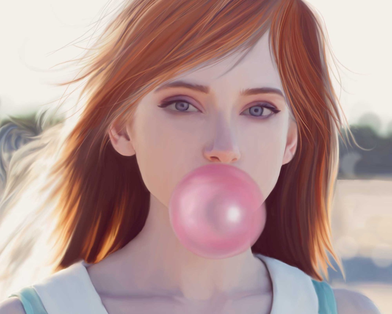 Рыжая девушка с розовой жевачкой