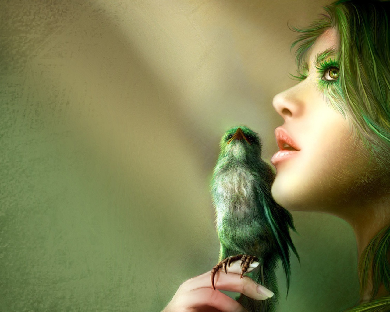 Птица на руке зеленоволосой девушки