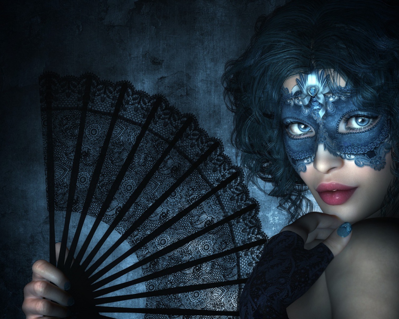 Девушка в маске с черным веером