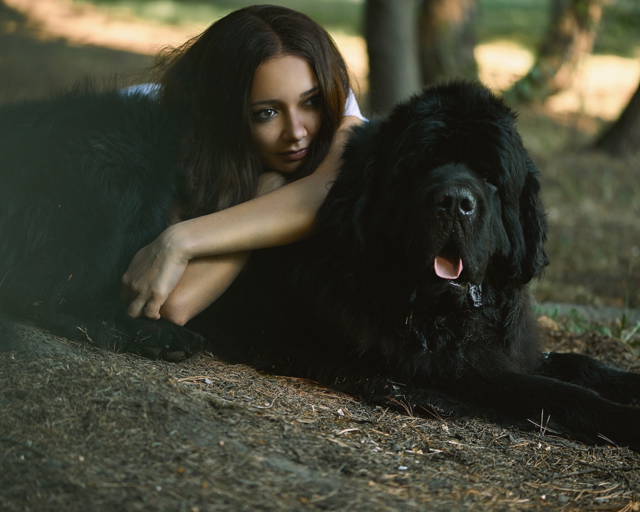 Девушка лежит на большой черной собаке