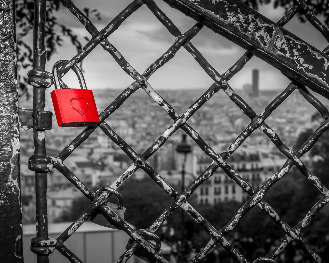 Красный замок на серой решетке, любовь