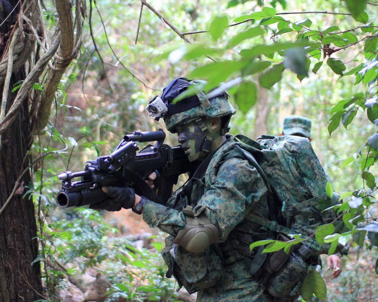 Солдат в камуфляже идет по лесу