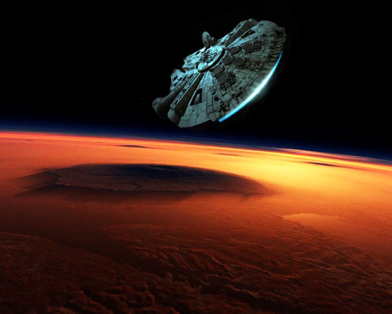 Корабль Millenium Falcon над красной планетой