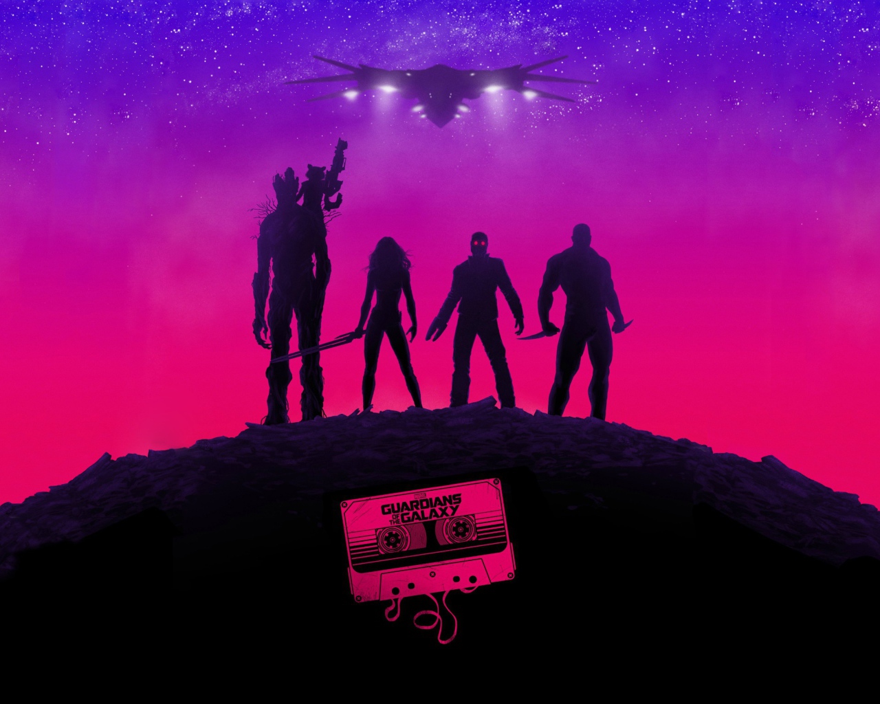 Силуэты Хранителей галактики на розовом фоне