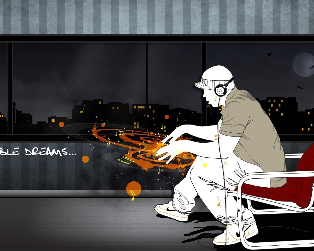 Диджей наушниках с воображаемым пультом