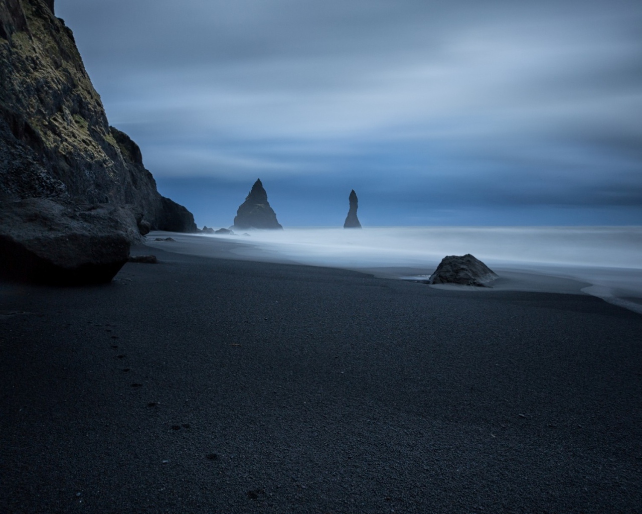 Следы животного на черном песке пляжа