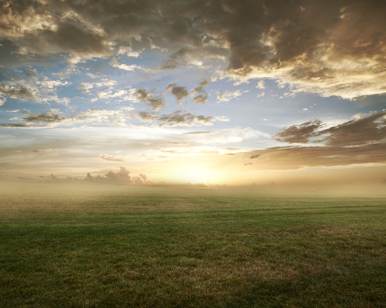 Восход солнца над полем в тумане