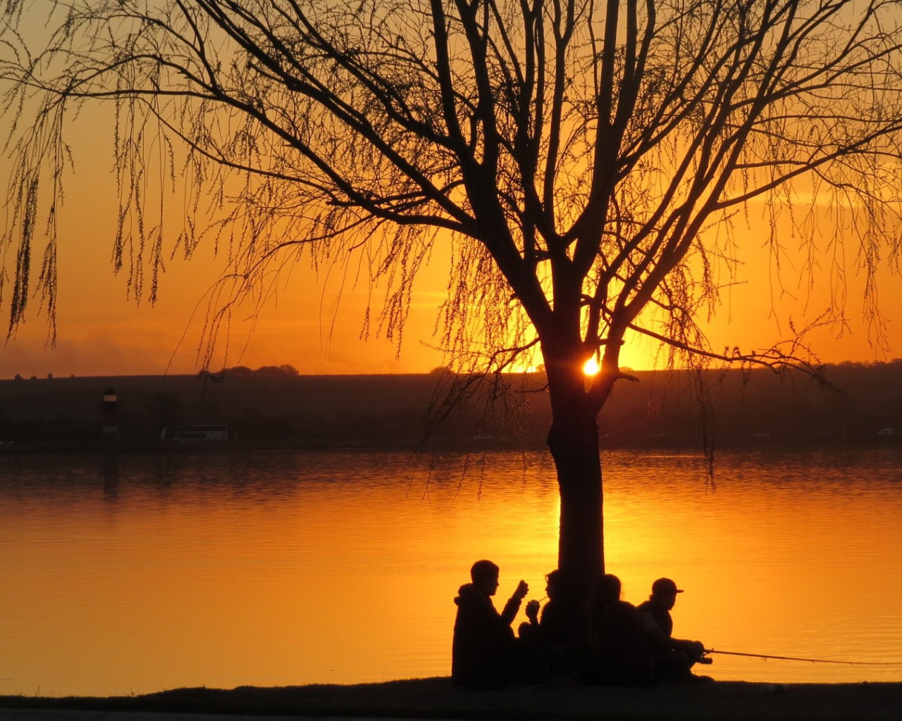 Рыбаки отдыхают под деревом на закате