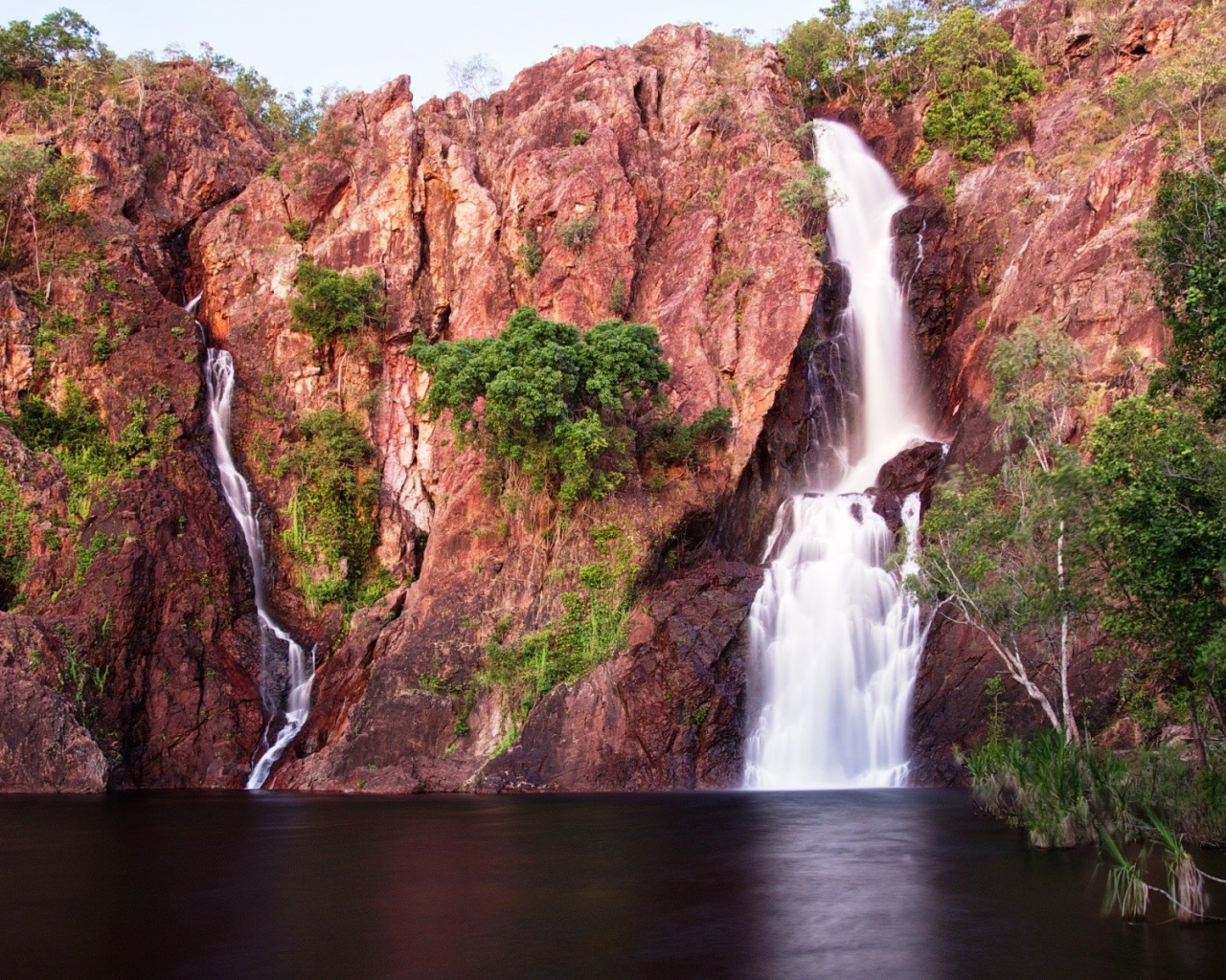 Зелень на розовых скалах с водопадом